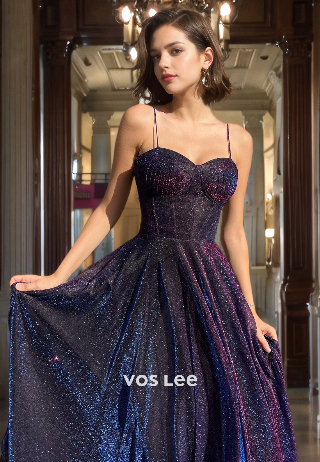 Classy Sparkly Tulle Party Dress A-Line Sweetheart Spaghetti Straps Long Formal Prom Dress