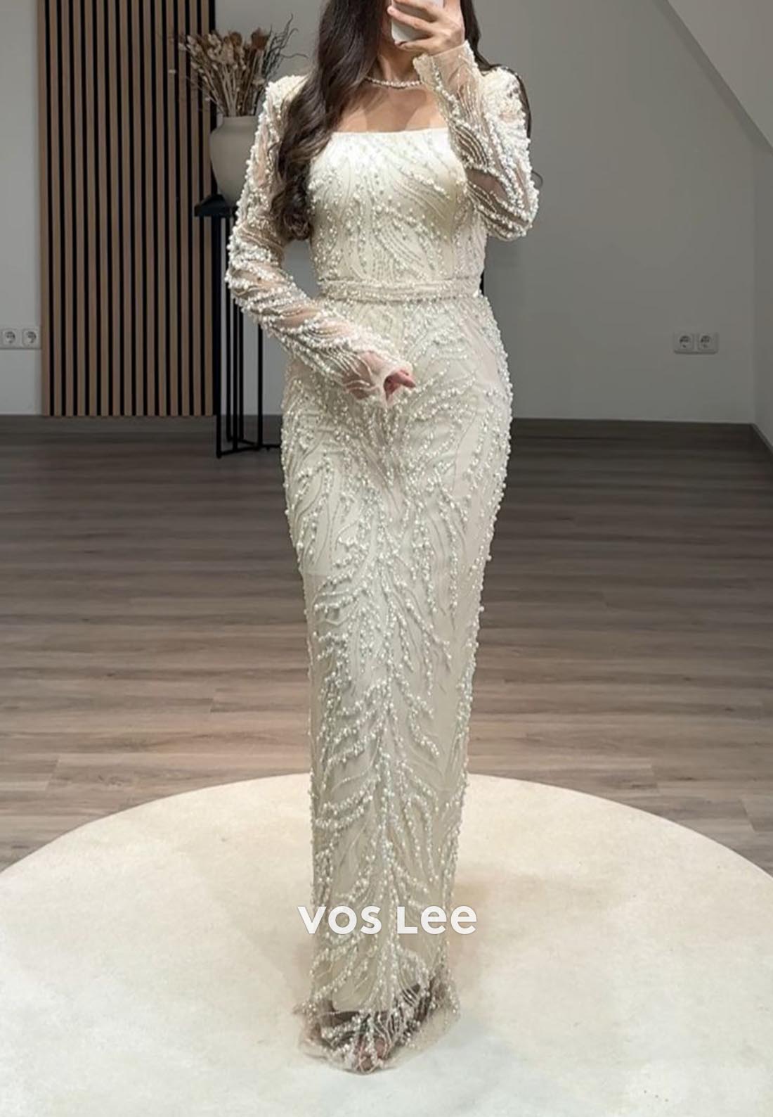 Elegance Allover Lace Beaded Long Sleeves Mermaid Evening Formal Dresses