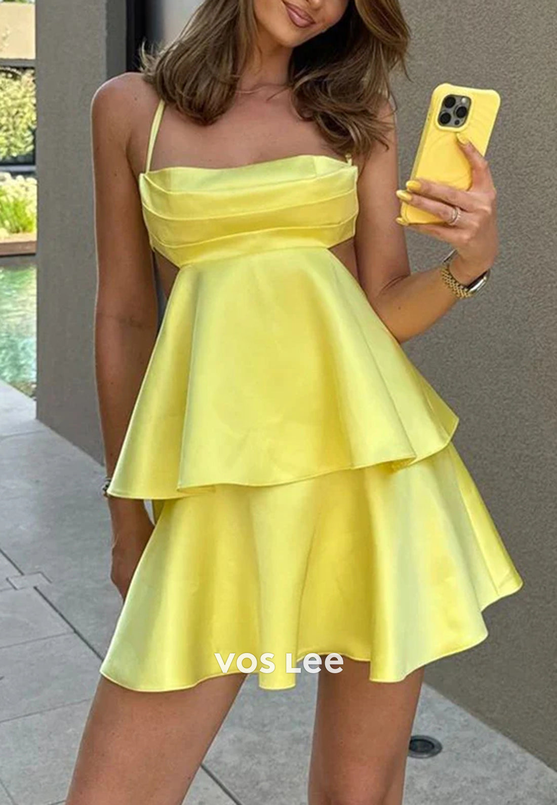 A-Line Spaghetti Straps Square Tiered Pleated Homecoming Dresses