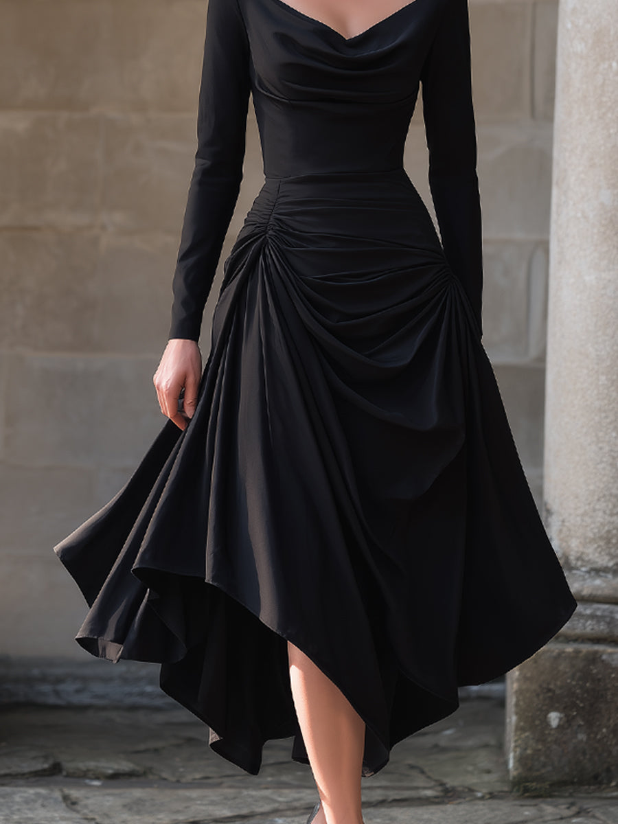 Draped Asymmetric Midi Dress With Sculpted Waist