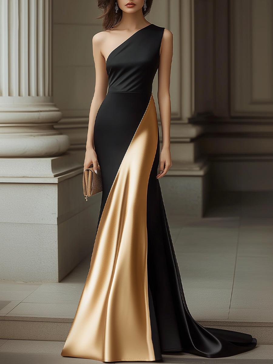 Elegant One-Shoulder Black And Gold Evening Gown Wedding Guest