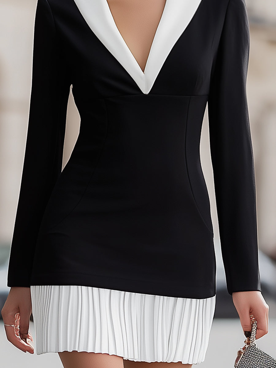 Elegant Black And White Contrast Mini Dress With Pleated Hem