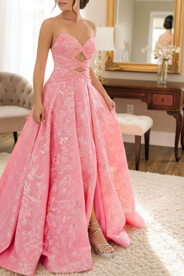 A Line Sweetheart Keyhole Pink Floral Printed Satin Long Prom Dress with Slit