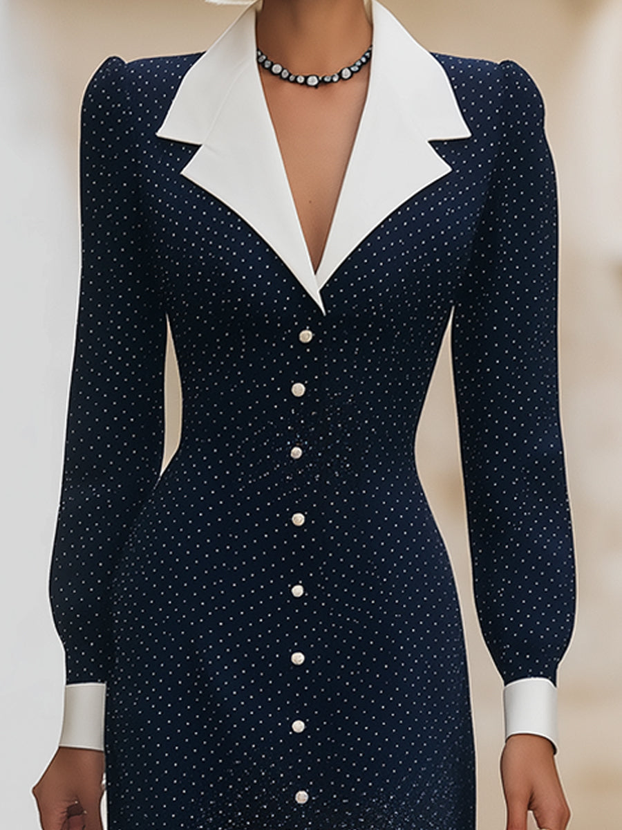 Elegant Polka Dot Midi Dress With Contrast Collar