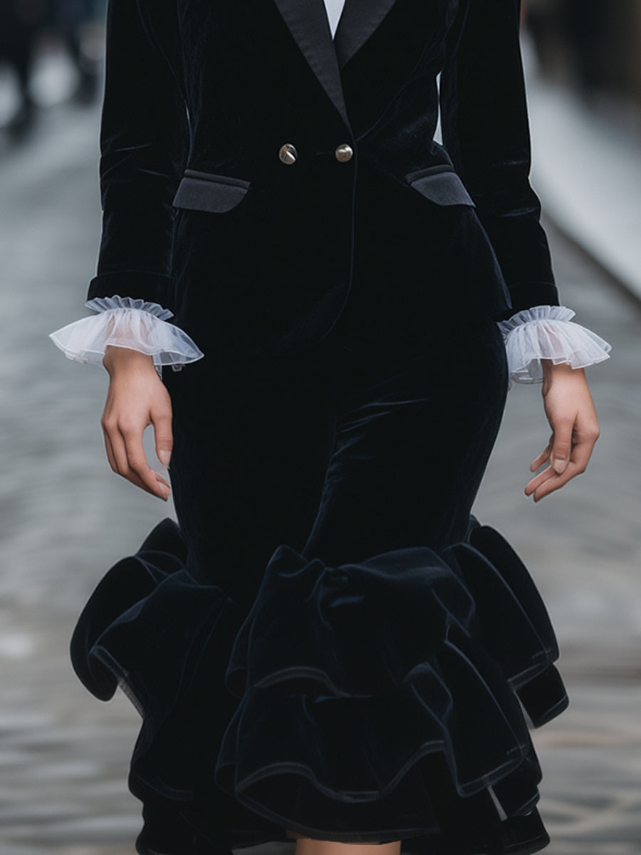 VOS LEE Ruffled Velvet Tailored Midi Dress