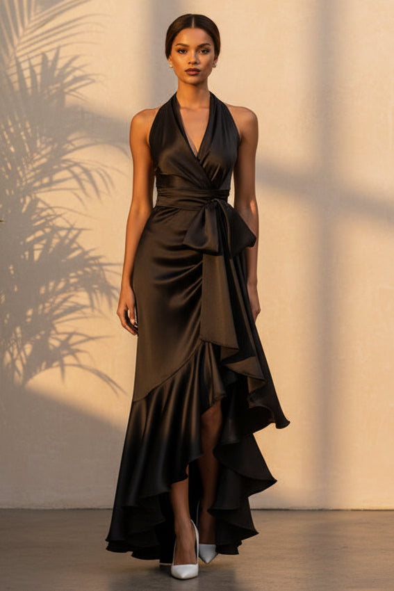 Simple Sleeveless Satin Halter Ruffles Gown