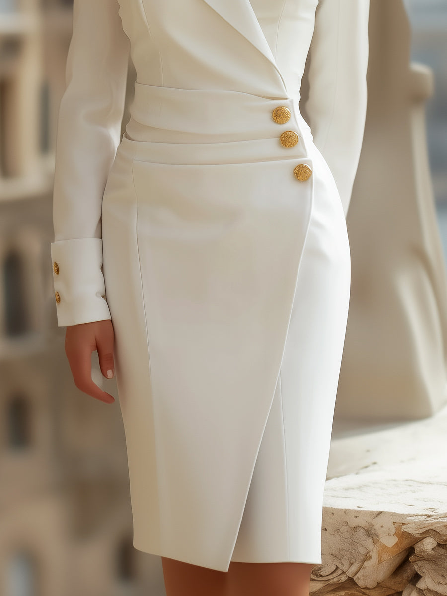 Elegant Blazer-Inspired Wrap Dress With Gold Buttons