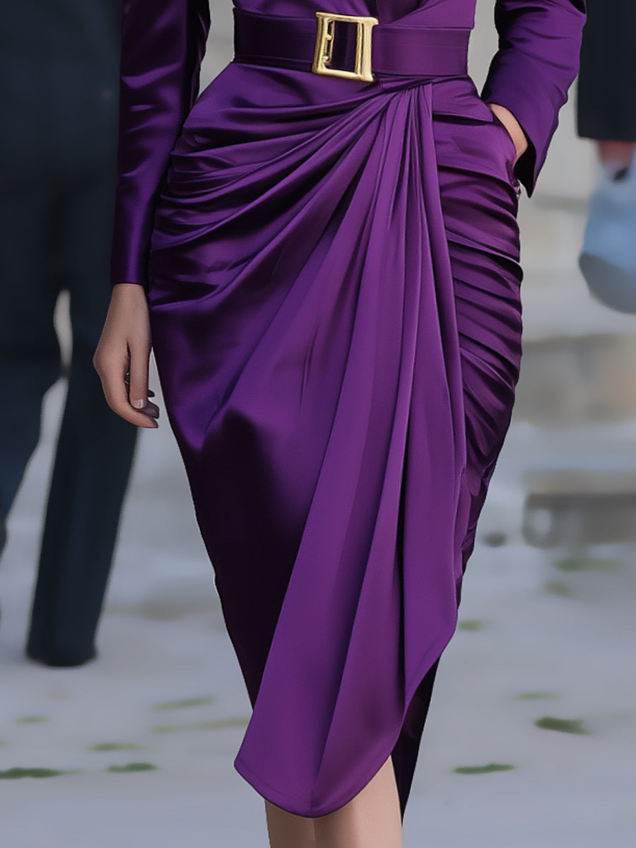 Elegant Purple Satin Belted Draped Midi Dress