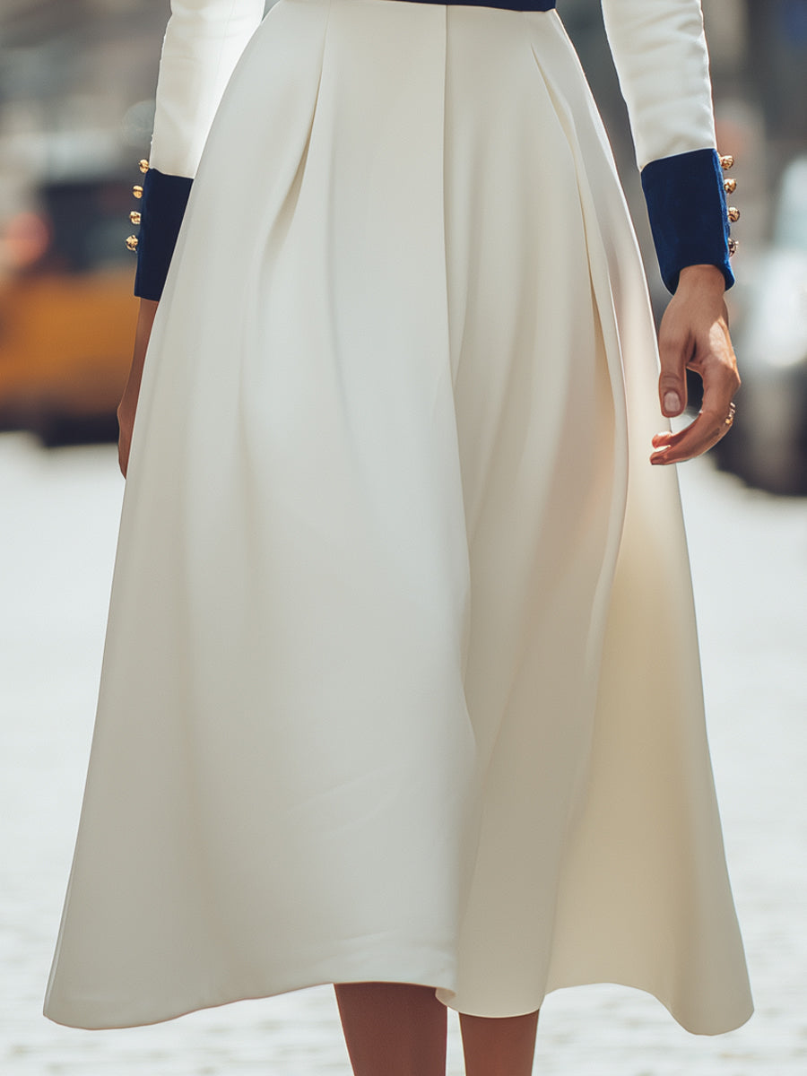 Ivory And Navy Contrast Trim Midi Dress