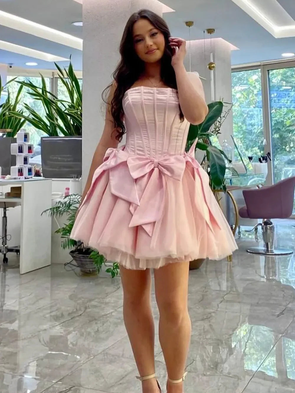 Princess A Line Strapless Pink Corset Homecoming Dress with Bowknot