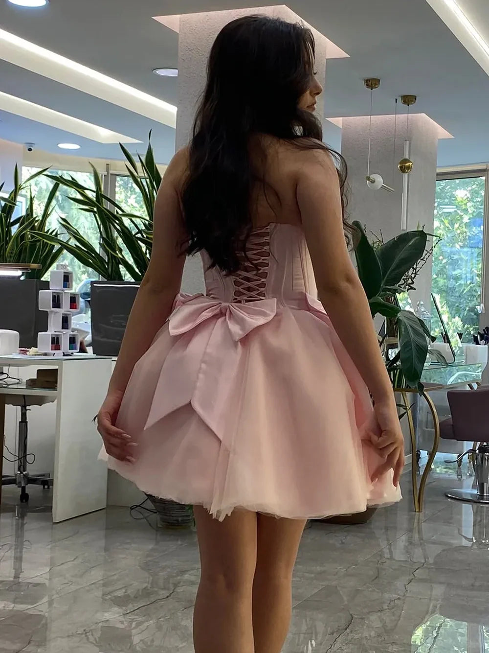 Princess A Line Strapless Pink Corset Homecoming Dress with Bowknot