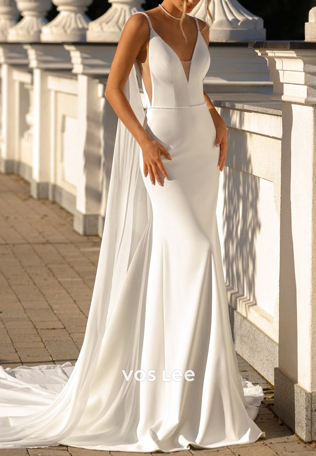 Spaghetti Straps V Neck Pearl Mermaid Wedding Dresses with Court Train