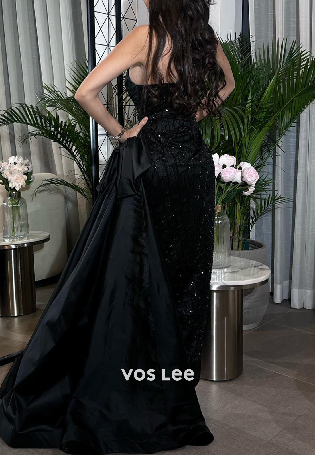 Strapless V Neck Ankle-Length Pleated Mermaid Evening Dresses with High Split