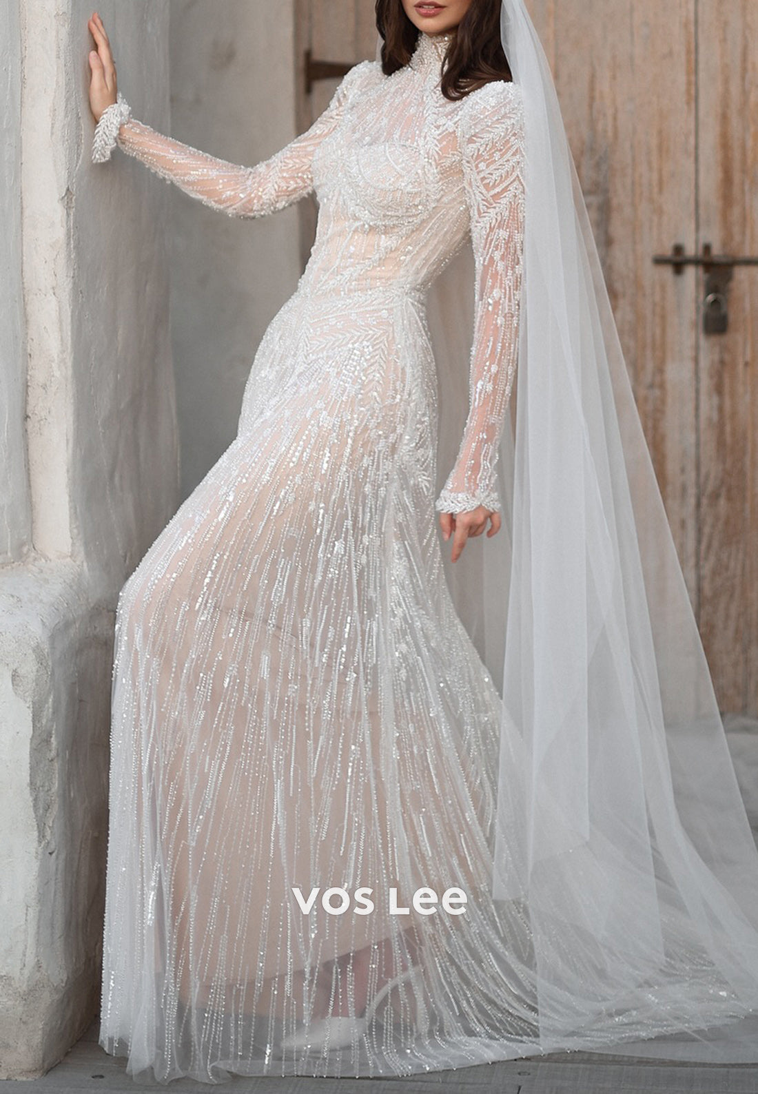 Fully Beaded Long Sleeve Illusion Neck Sheath Wedding Dresses with Sweep Train