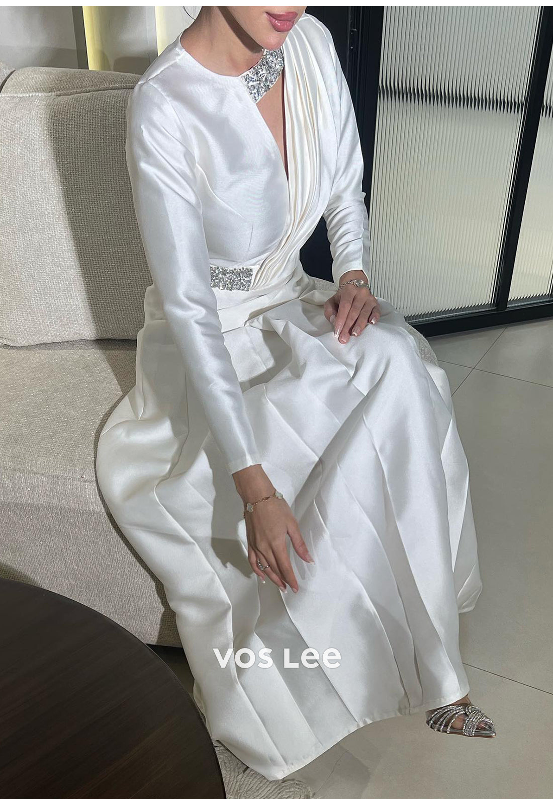 A-Line Long Sleeve V Neck Ankle-Length Ruched Evening Dresses