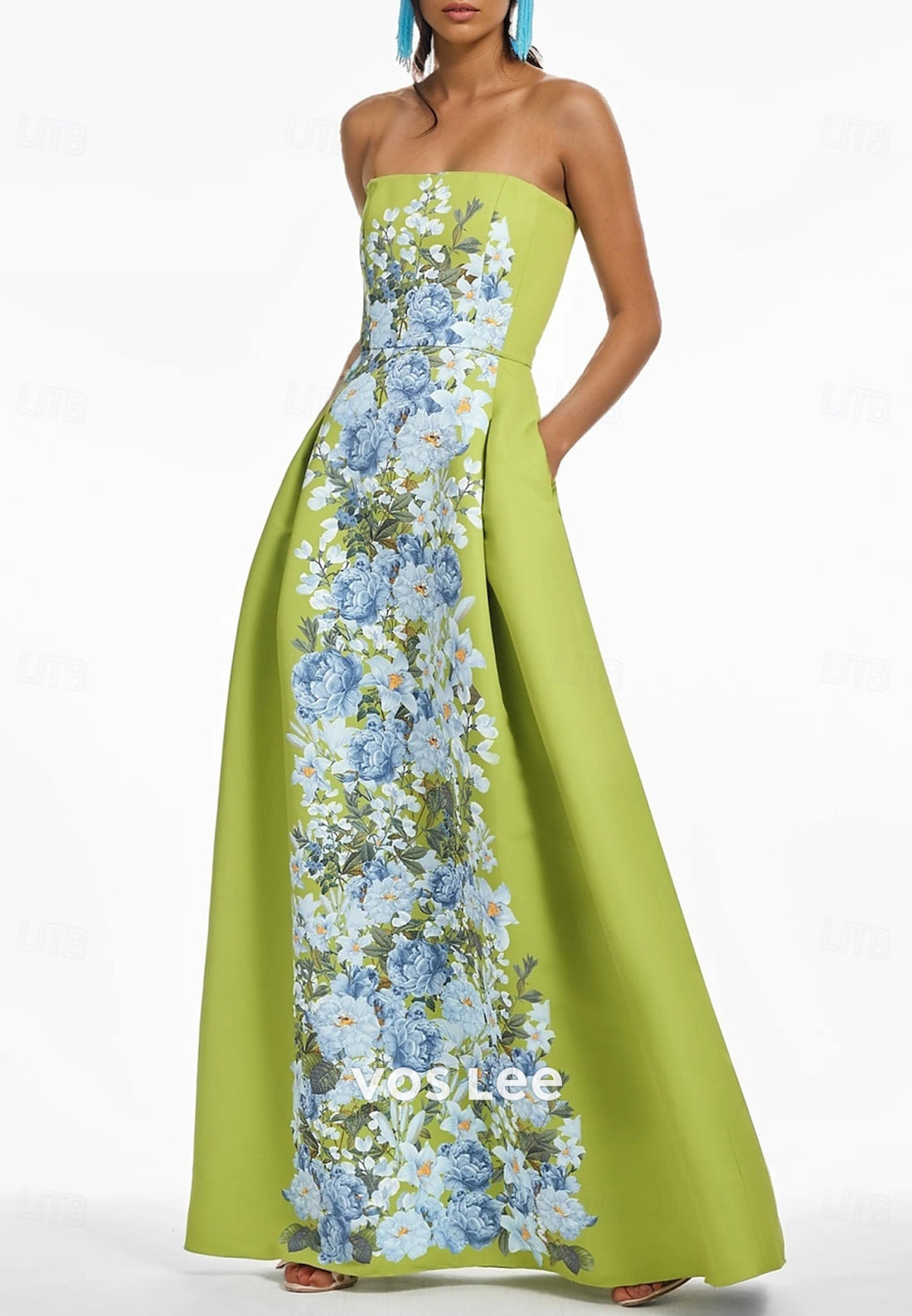 A-Line Strapless Floral Appliqued Embellished Floor-Length Pleated Evening Dresses