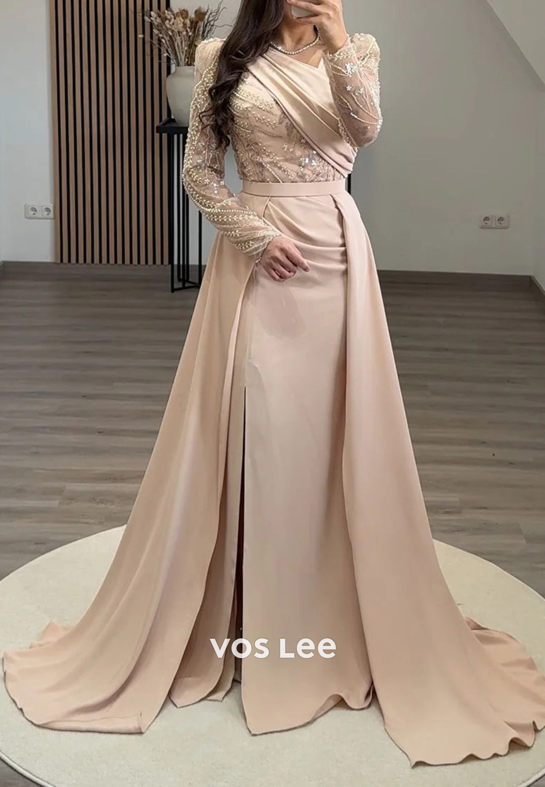 Long Sleeve Asymmetrical Neck Beaded Sequins Mermaid Evening Dresses with Sweep Train