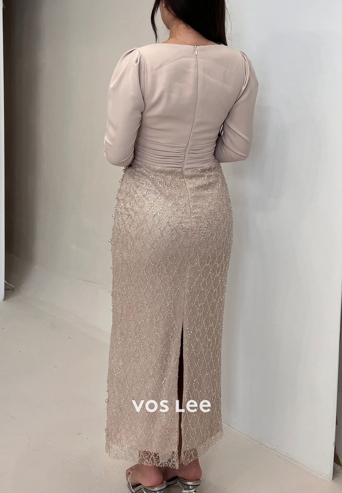 Long Sleeve Square Beaded Embellished Ankle-Length Mermaid Evening Dresses