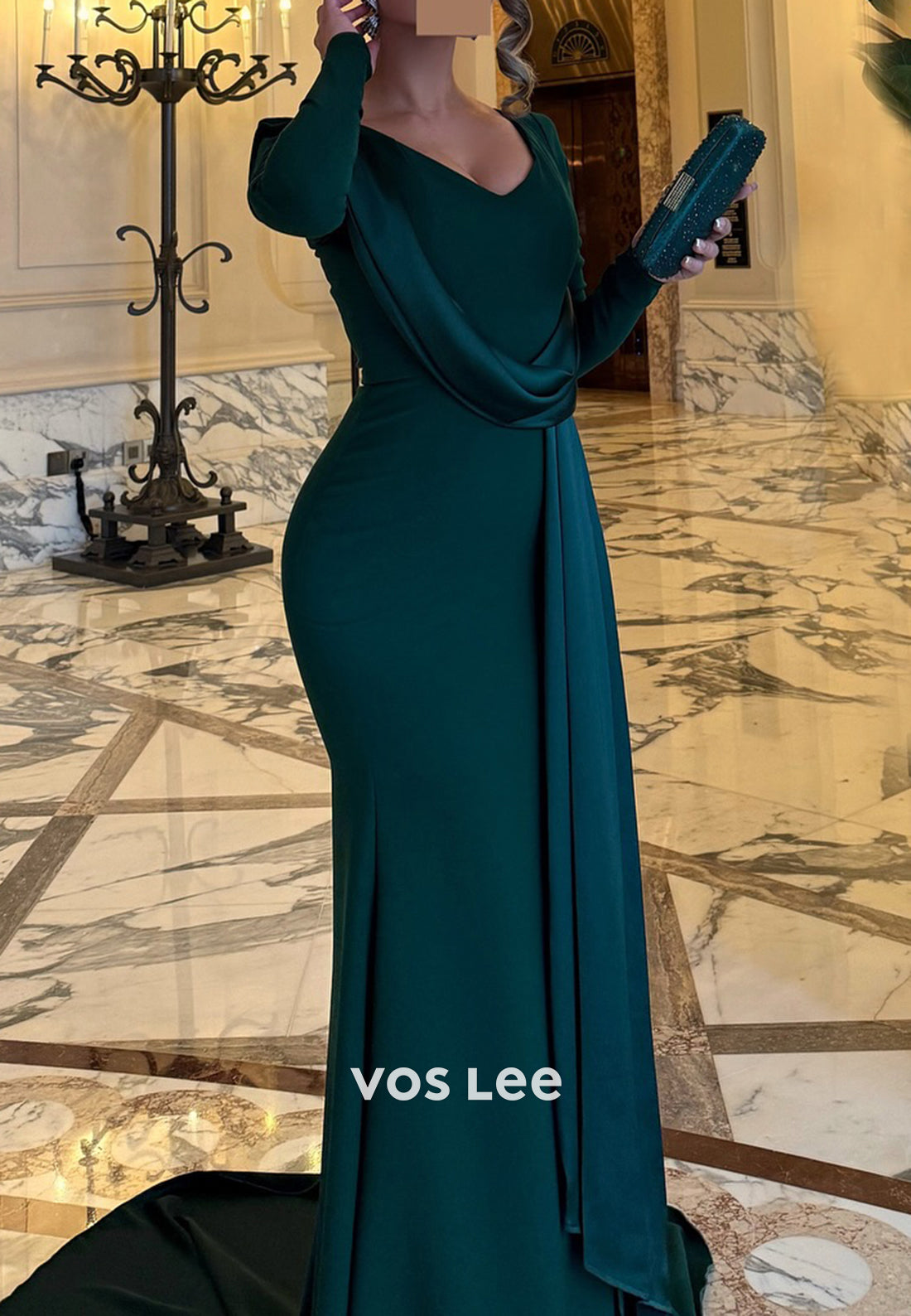 Long Sleeve V Neck Pleated Mermaid Evening Dresses with Court Train