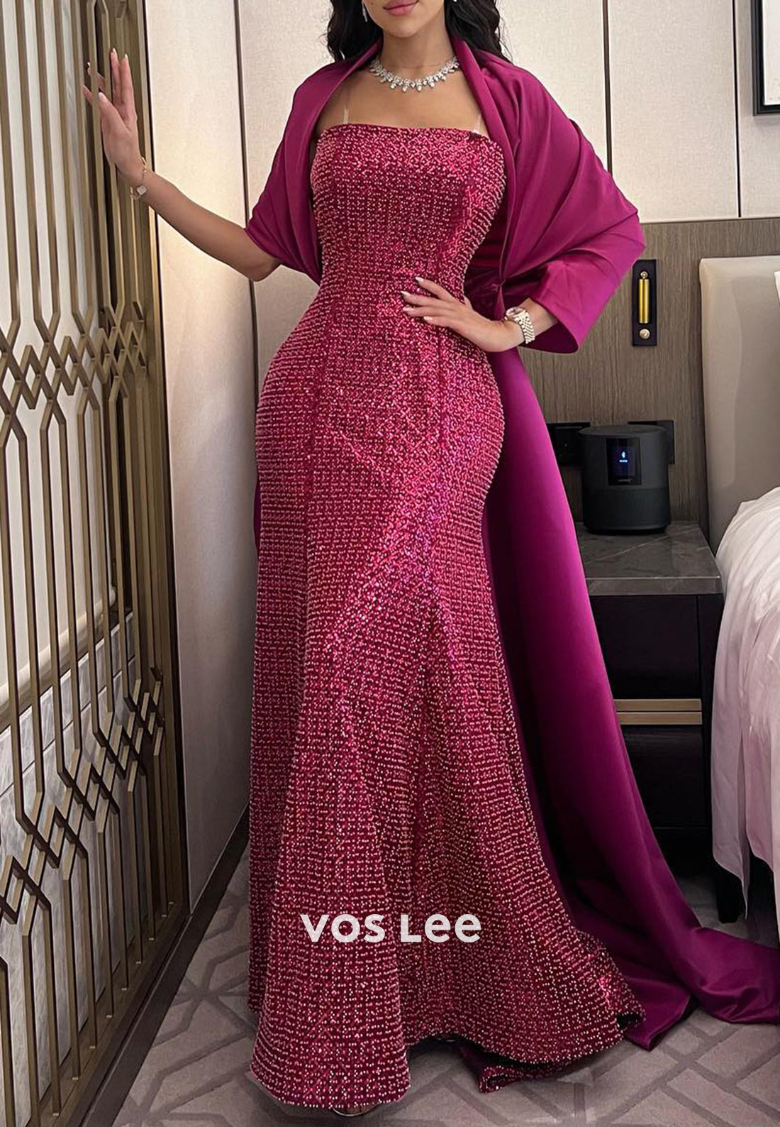 Strapless Sequins Embellished Pleated Long Mermaid Evening Dresses with Court Train
