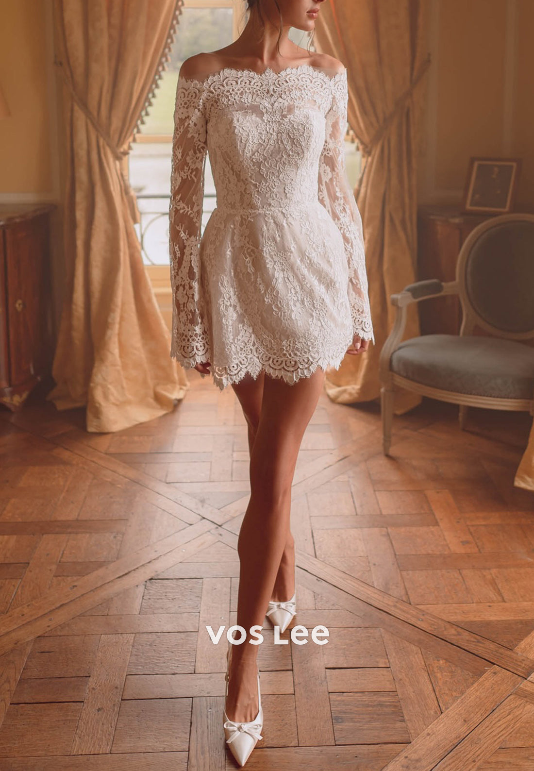 Long Sleeve Off the Shoulder Appliques Lace Sheath Wedding Dresses with Detachable Train