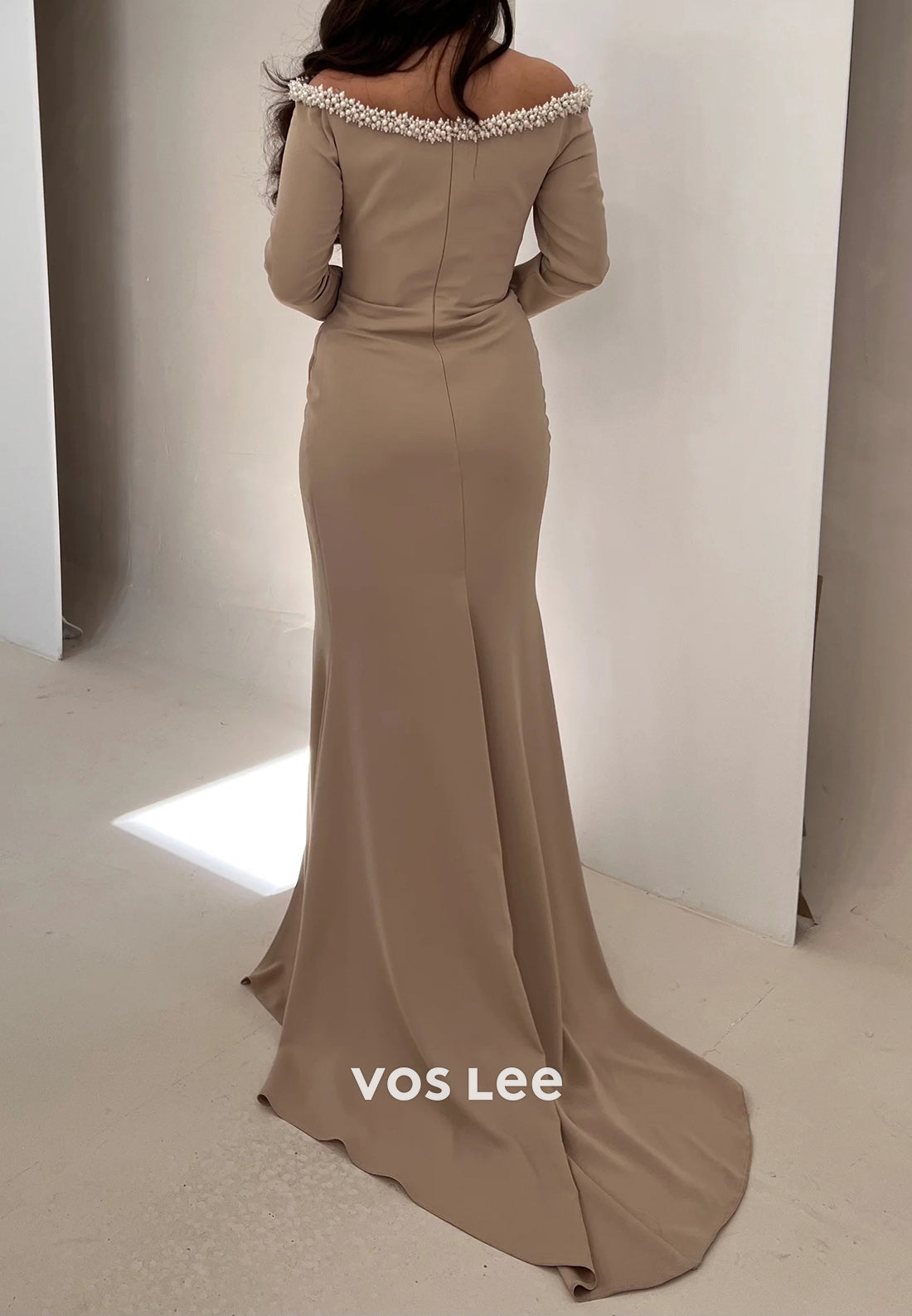 Long Sleeve V Neck Beading Pleated Mermaid Evening Dresses with Side Split