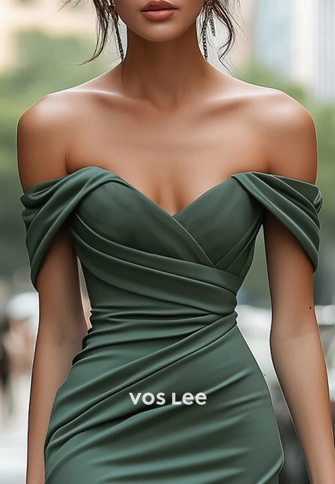 Off the Shoulder Knee-Length Pleated Mermaid Wedding Guest Dresses with Side Split
