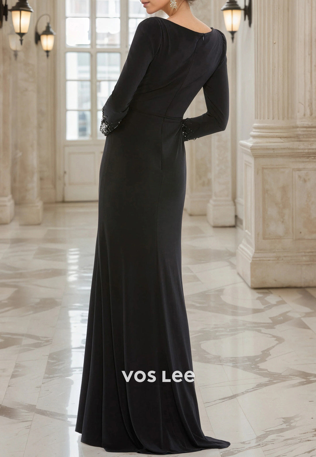 Long Sleeve V Neck Ruched Rhinestone Floor-Length Sheath Mother of Bride Dresses