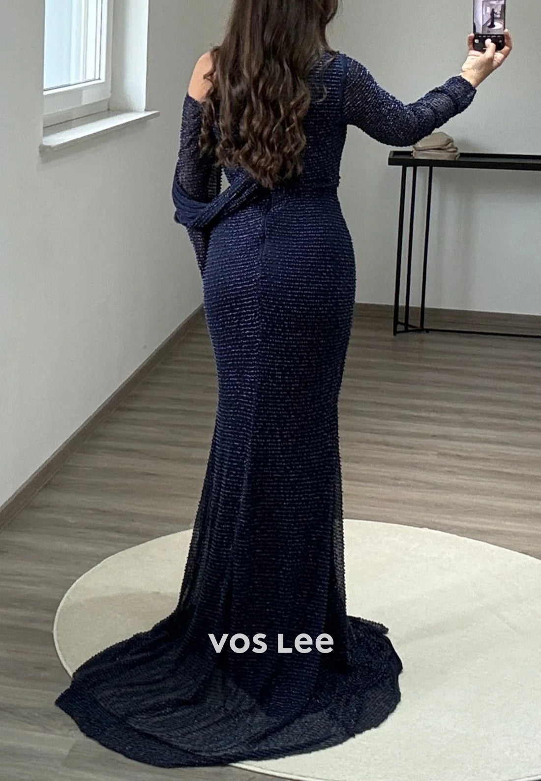 Long Sleeve One Shoulder Pleated Mermaid Evening Dresses with Sweep Train