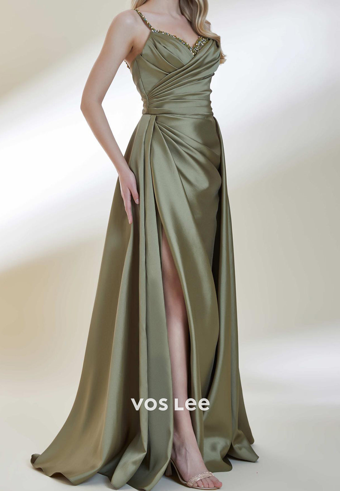A-Line Spaghetti Straps Sweetheart Rhinestone Split Evening Dresses with Sweep Train