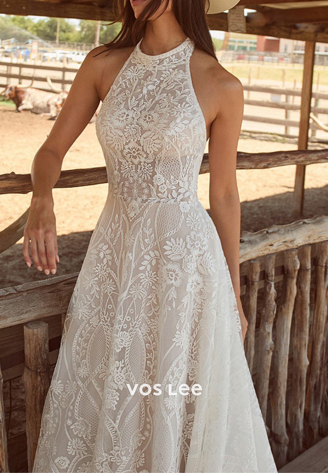 A-Line Halter Sleeveless Appliques Lace Pleated Wedding Dresses with Court Train