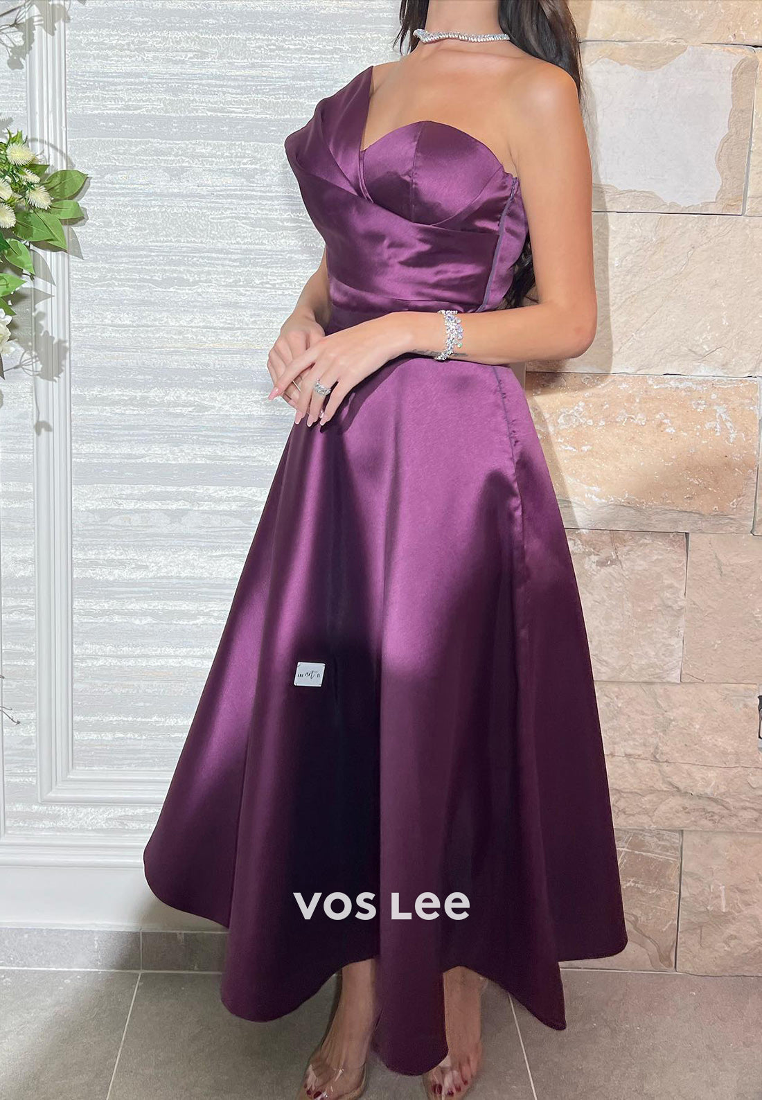 Simple A-Line One Shoulder Grape Pleated Evening Dresses
