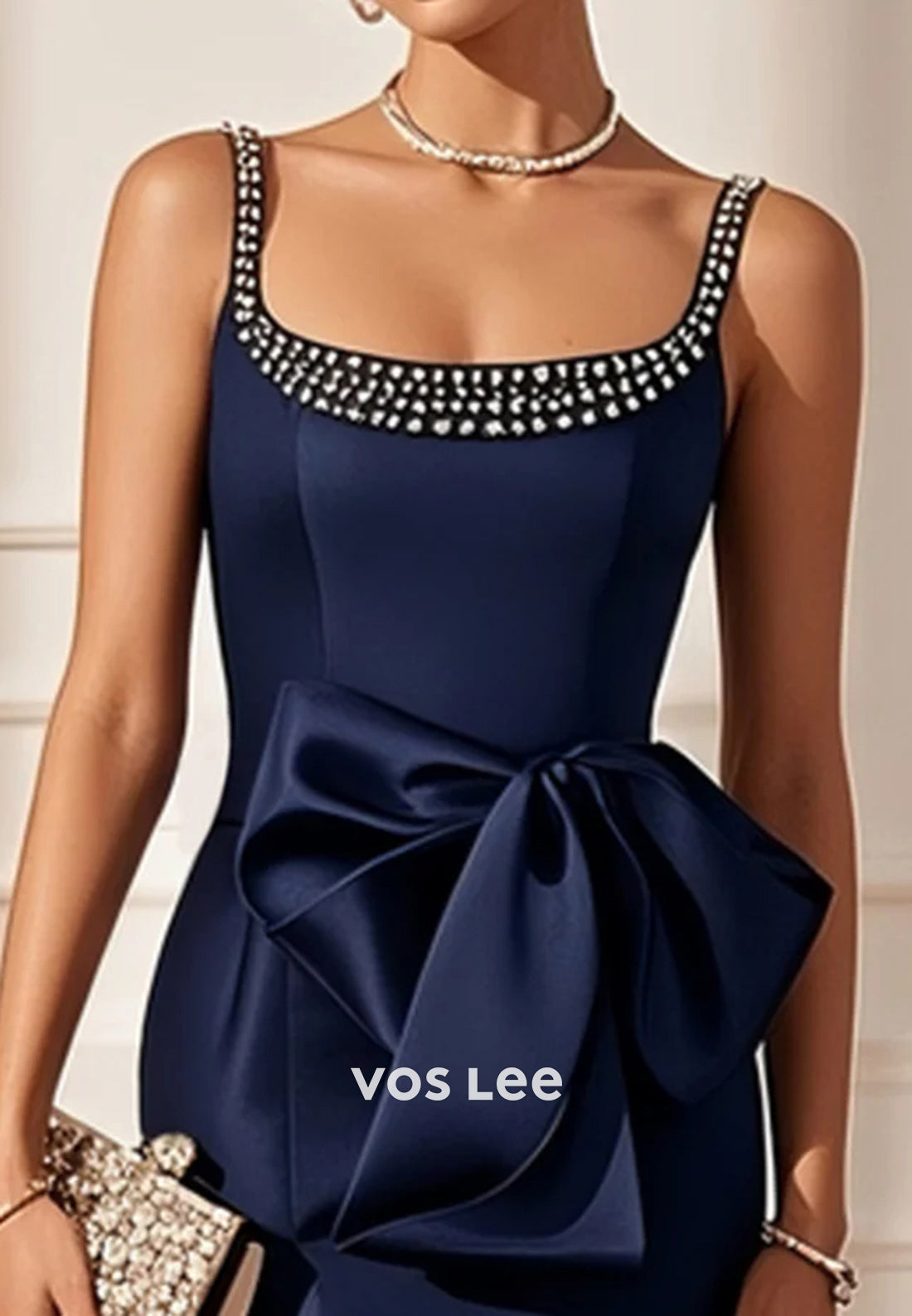Spaghetti Straps Rhinestone Square Sheath Knee-Length Wedding Guest Dresses