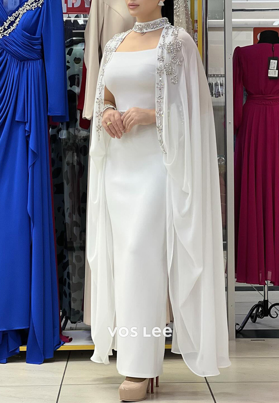 Empire Waist Square Rhinestone Embellished Ankle-Length Mermaid Evening Dresses