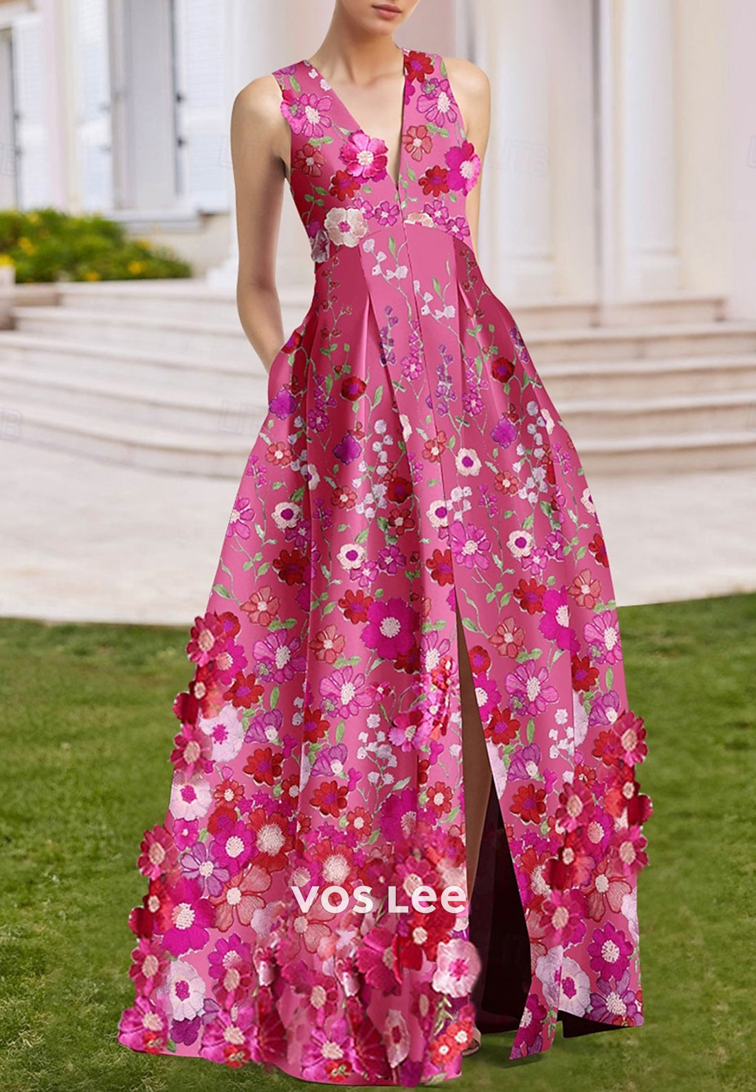 A-Line V Neck Floor-Length Floral Embellished Pleated Mother of Bride Dresses with High Split