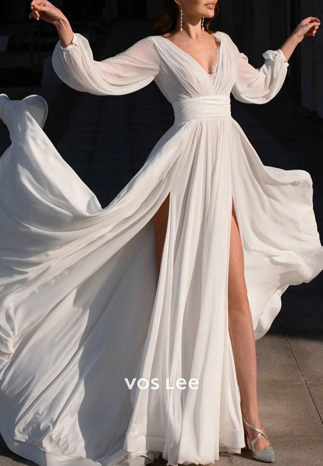 Simple A-Line V Neck Long Sleeve Floor-Length Pleated Wedding Dresses with High Split