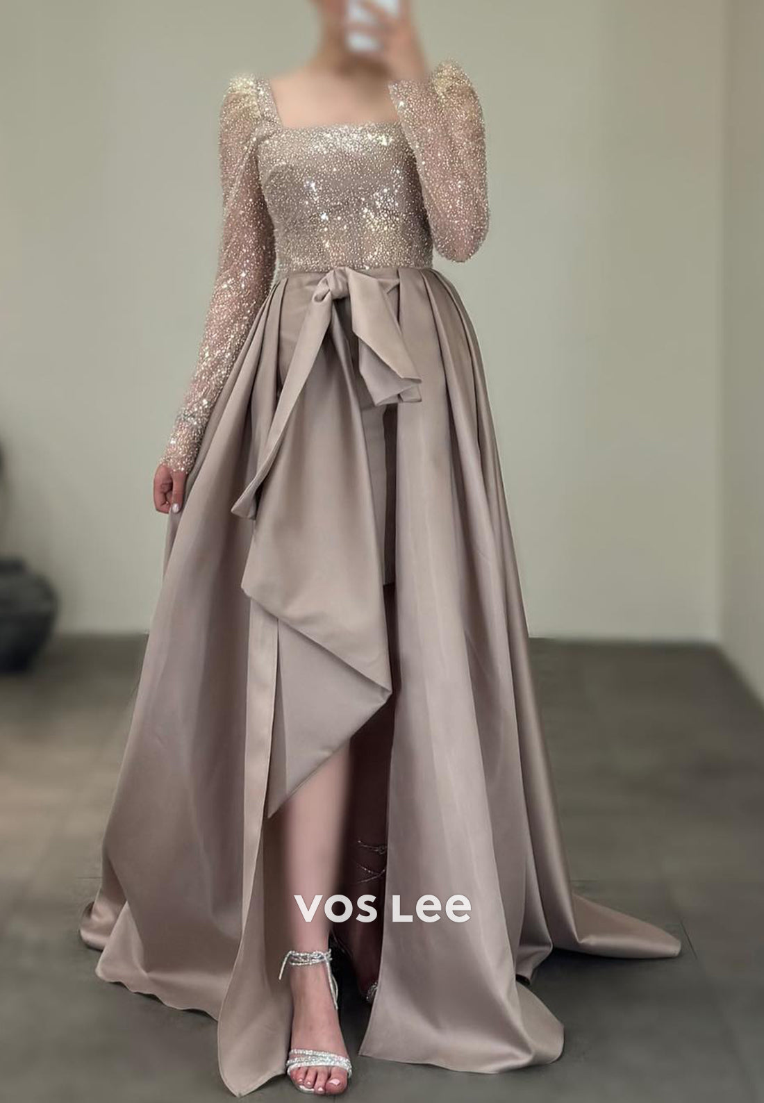 Chic & Modern High Low Long Sleeve Square Sequined Evening Dresses with Court Train