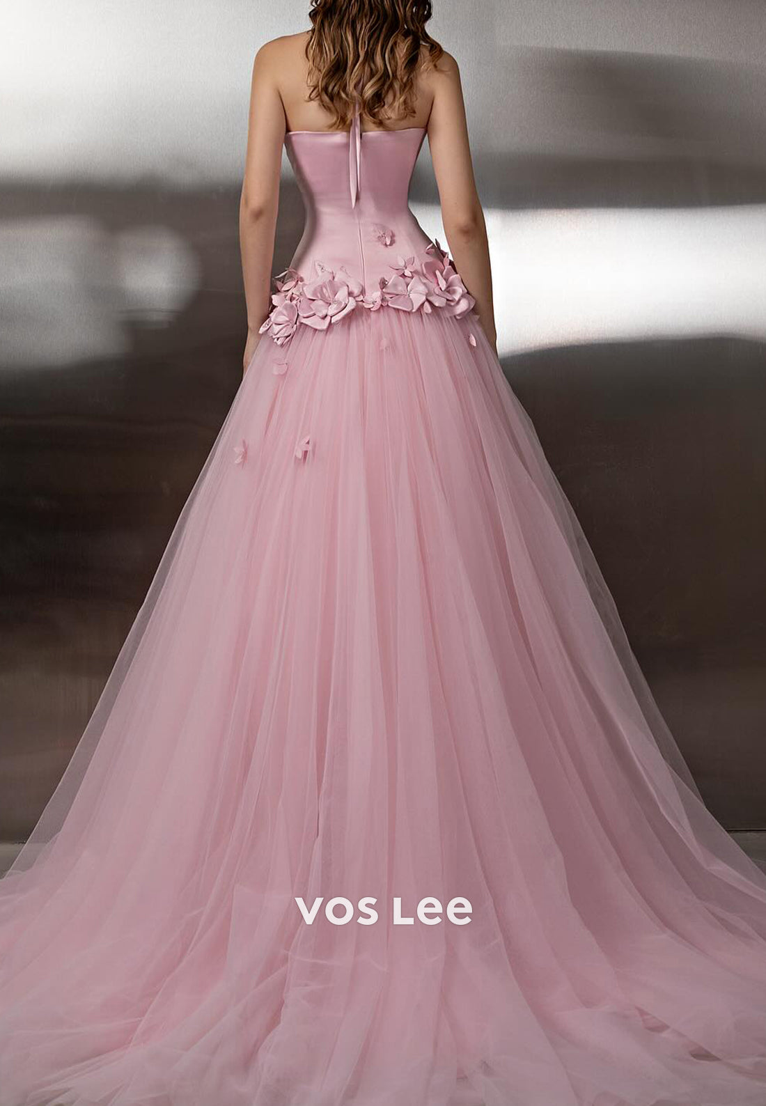 Pink Halter Floral Embellished A-Line Tulle Prom Dresses with Court Train