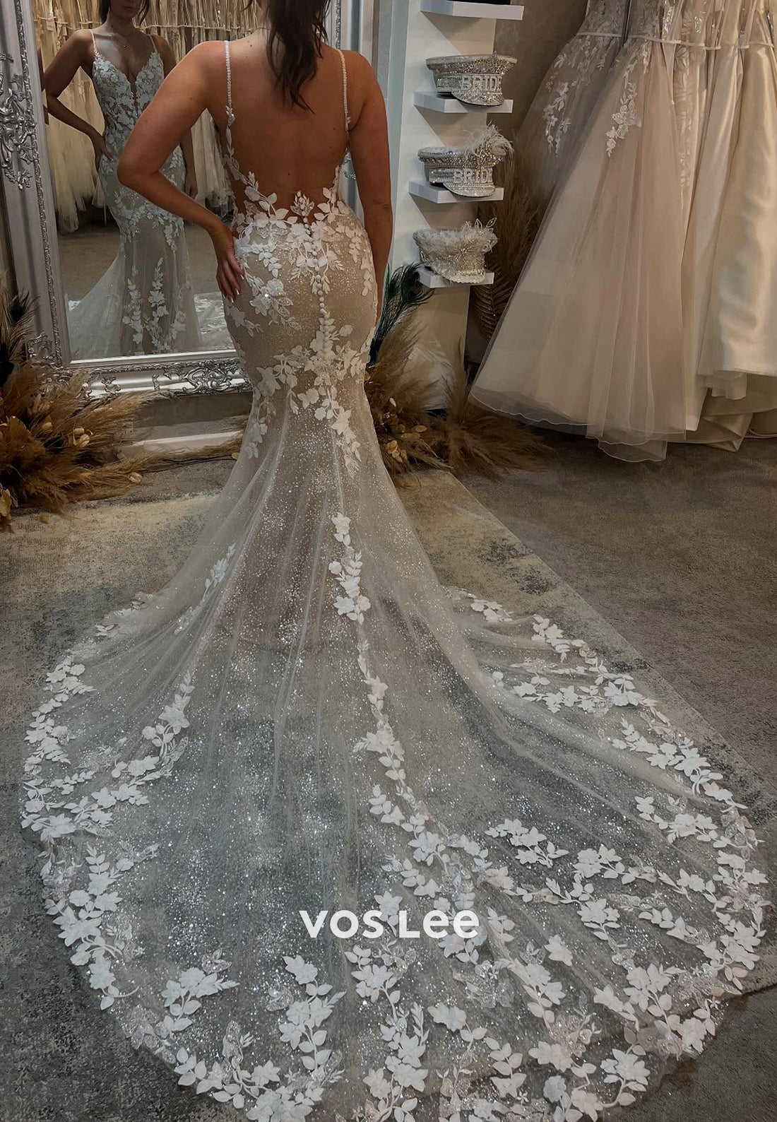 Spaghetti Straps V Neck Appliques Lace Pleated Wedding Dresses with Sweep Train