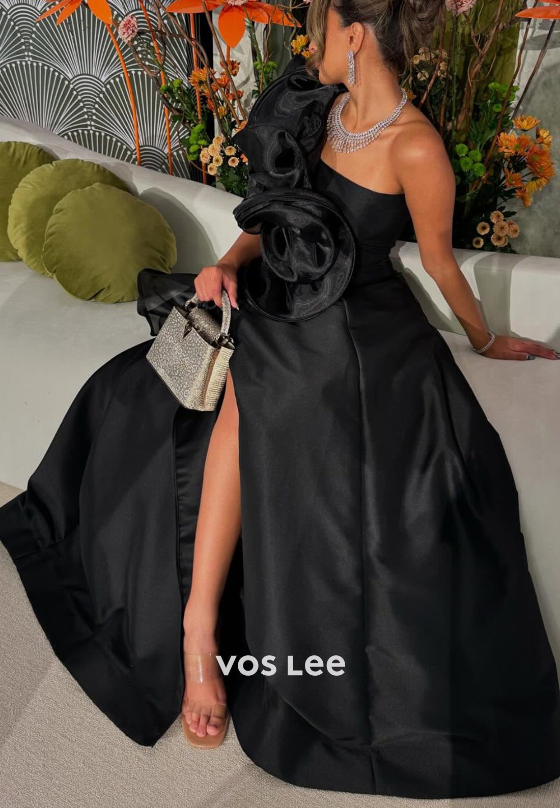 Simple A-Line One Shoulder Pleated Evening Dresses Party Dresses with Sweep Train