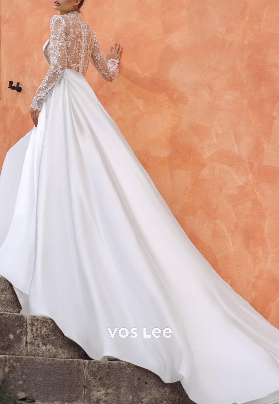 A-Line Illusion High Neck Long Sleeve Lace Sequins Wedding Dresses with Cathedral Train