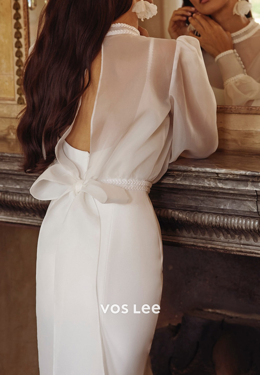 Simple Long Sleeve High Neck Bowknot Mermaid Wedding Dresses with Sweep Train