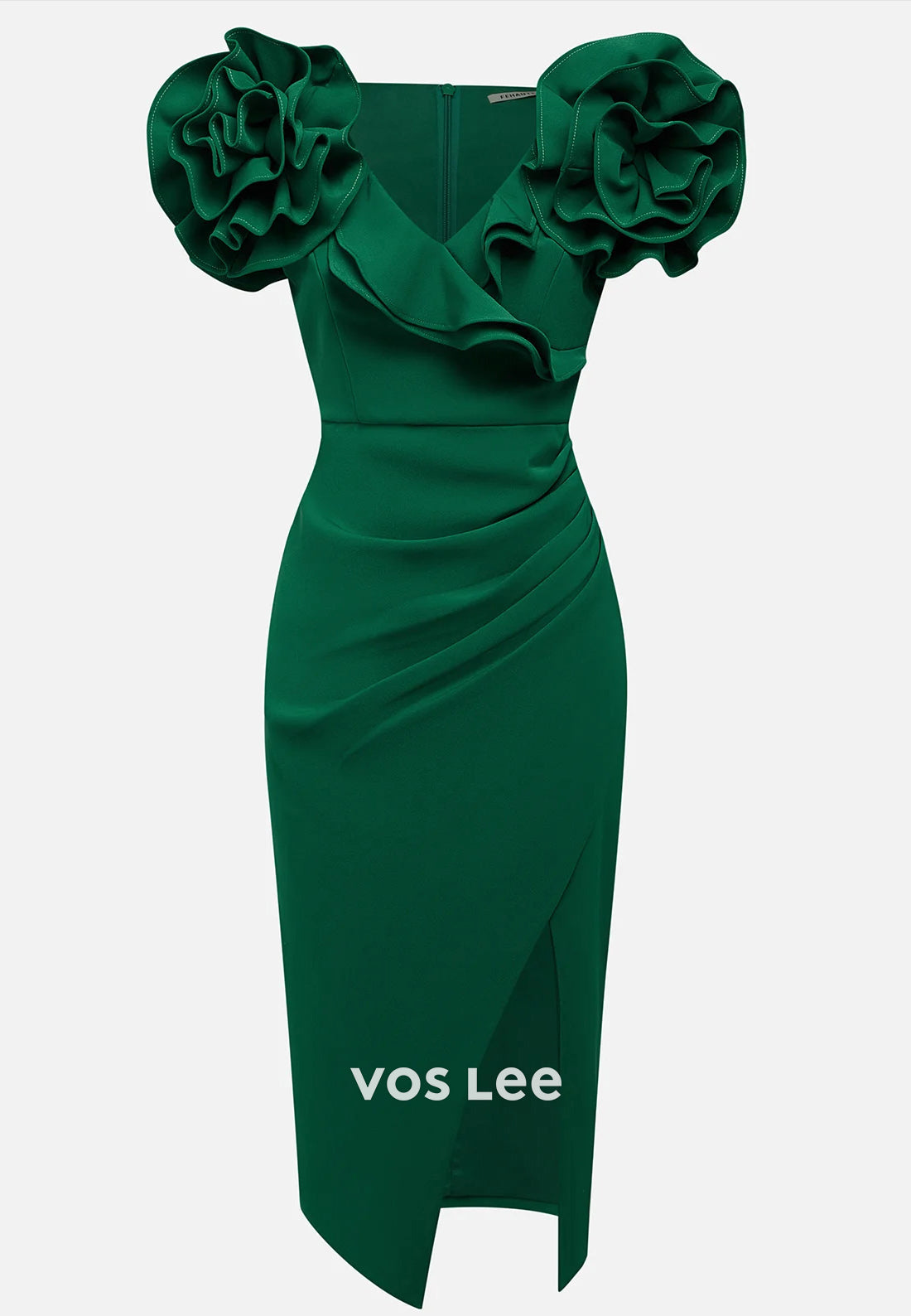 Short Sleeve V Neck Knee-Length Pleated Sheath Wedding Guest Dresses with Side Split