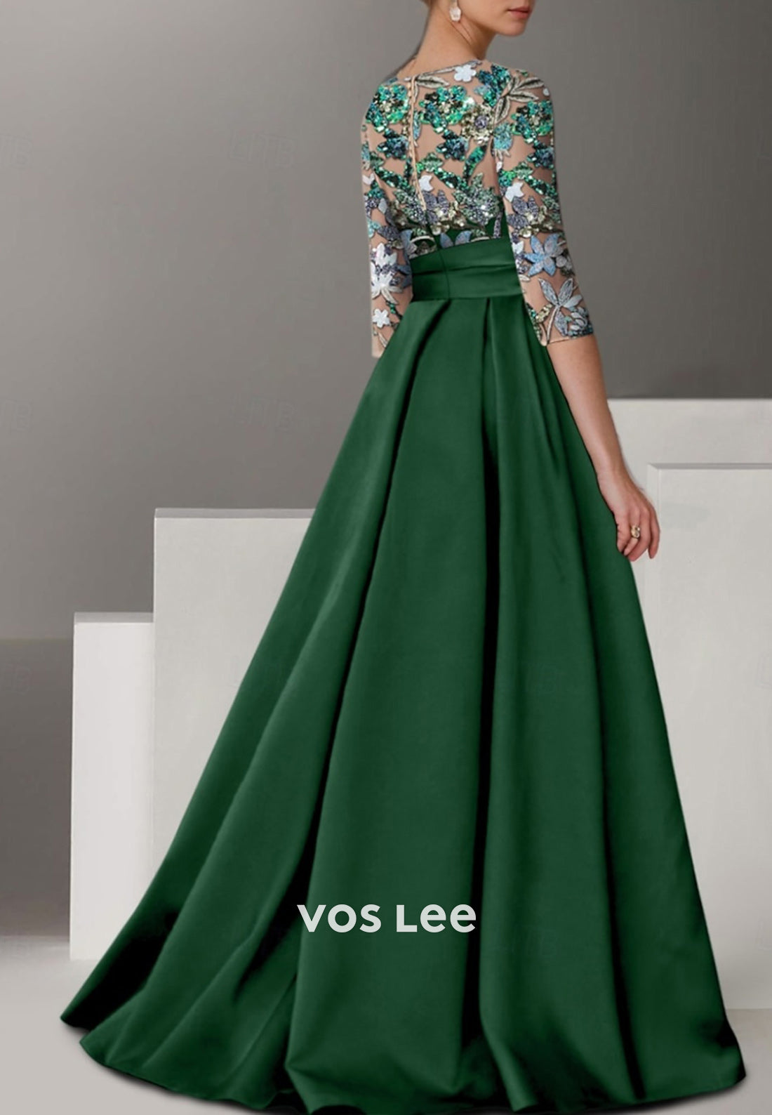 A-Line 3/4 Sleeve Appliques Pleated Evening Dresses Mother of Bride Dresses with High Split