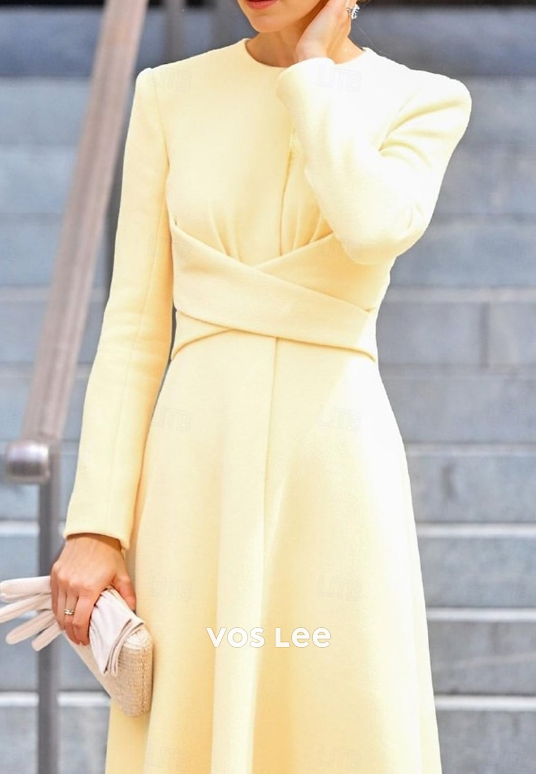 A-Line Long Sleeve Scoop Tea-Length Ruched Mother of Bride Dresses