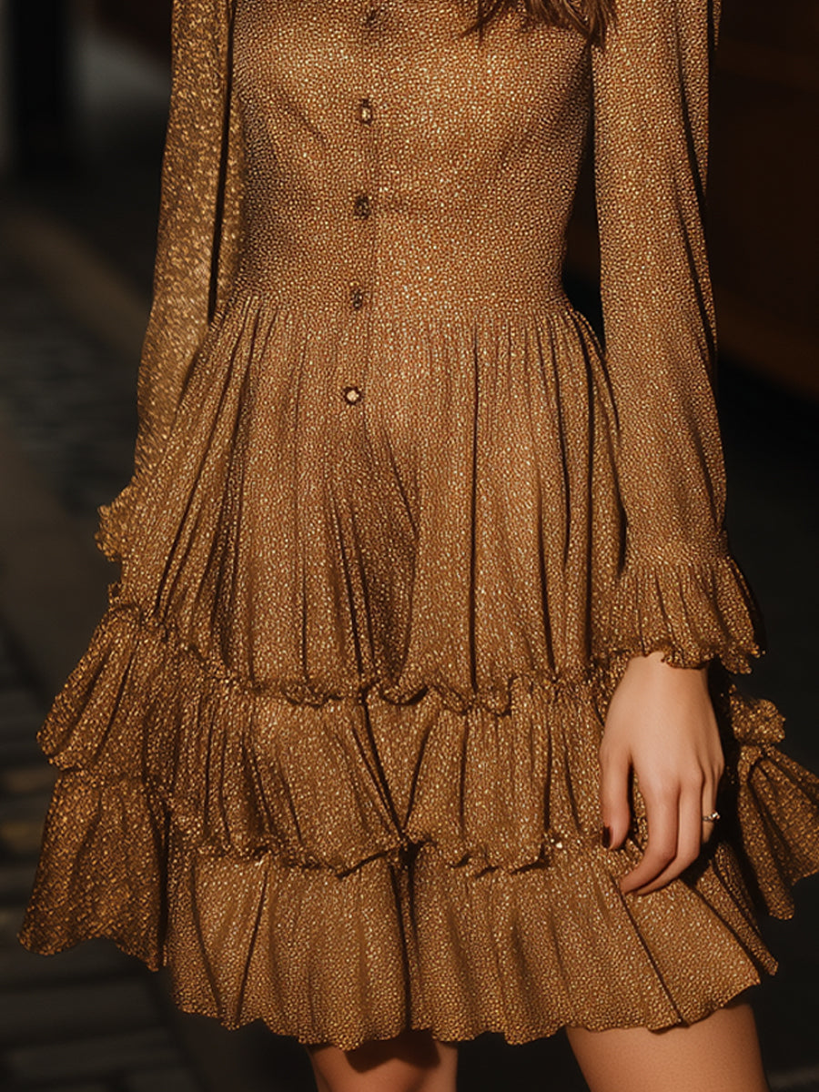 Golden Ruffle Tiered Shirt Dress