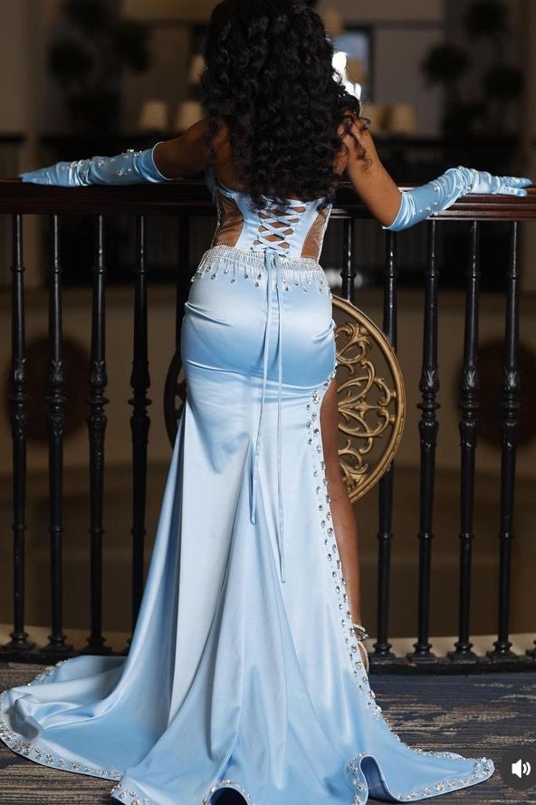 Blue Sweetheart Lace-Up Mermaid Crystal Prom Dress