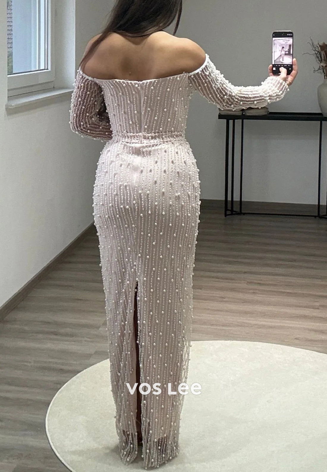 Long Sleeve Off-Shoulder Pearls Beaded Lace Mermaid Evening Dresses with Split