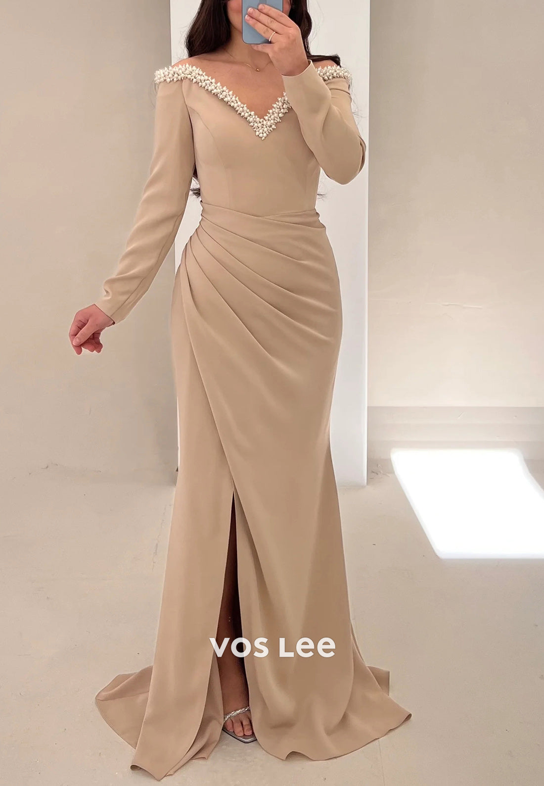 Long Sleeve V Neck Beading Pleated Mermaid Evening Dresses with Side Split