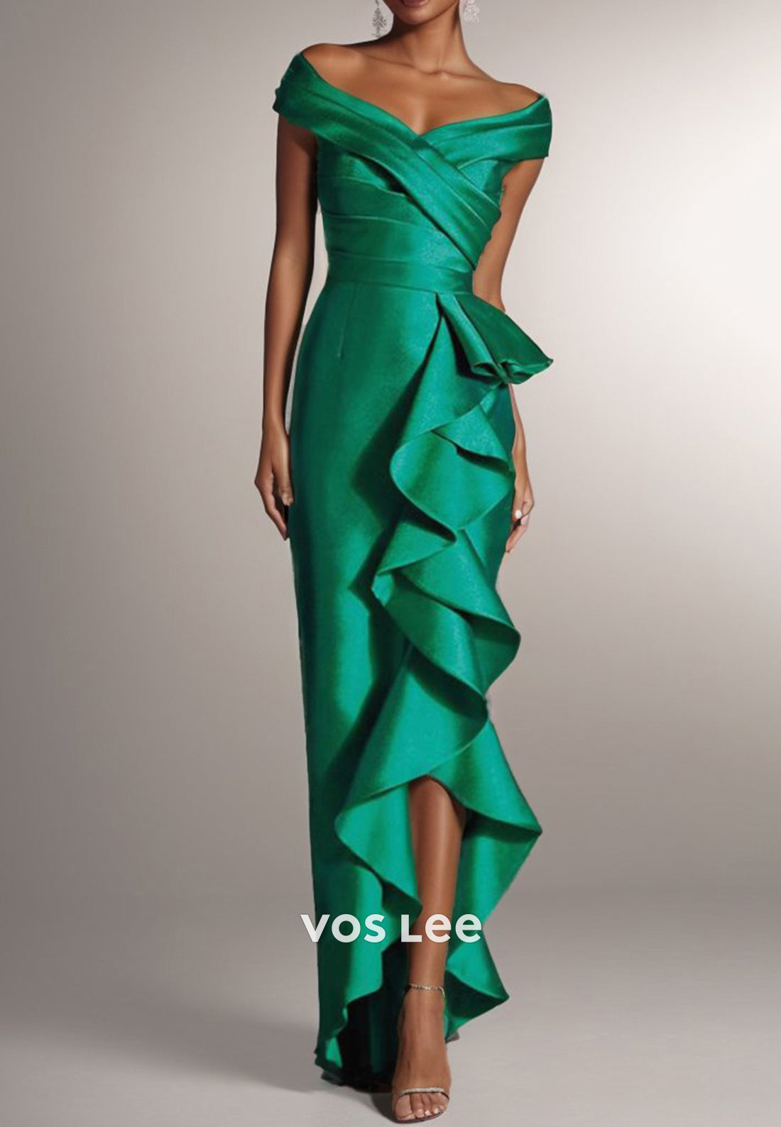 Off the Shoulder Ankle-Length Pleated Long Wedding Guest Dresses with Side Split